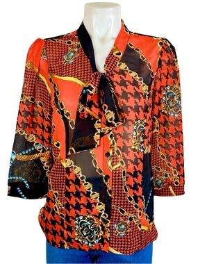 Pink Collection Woman’s Orange Graphic Long-Sleeve Sheer Blouse Size M